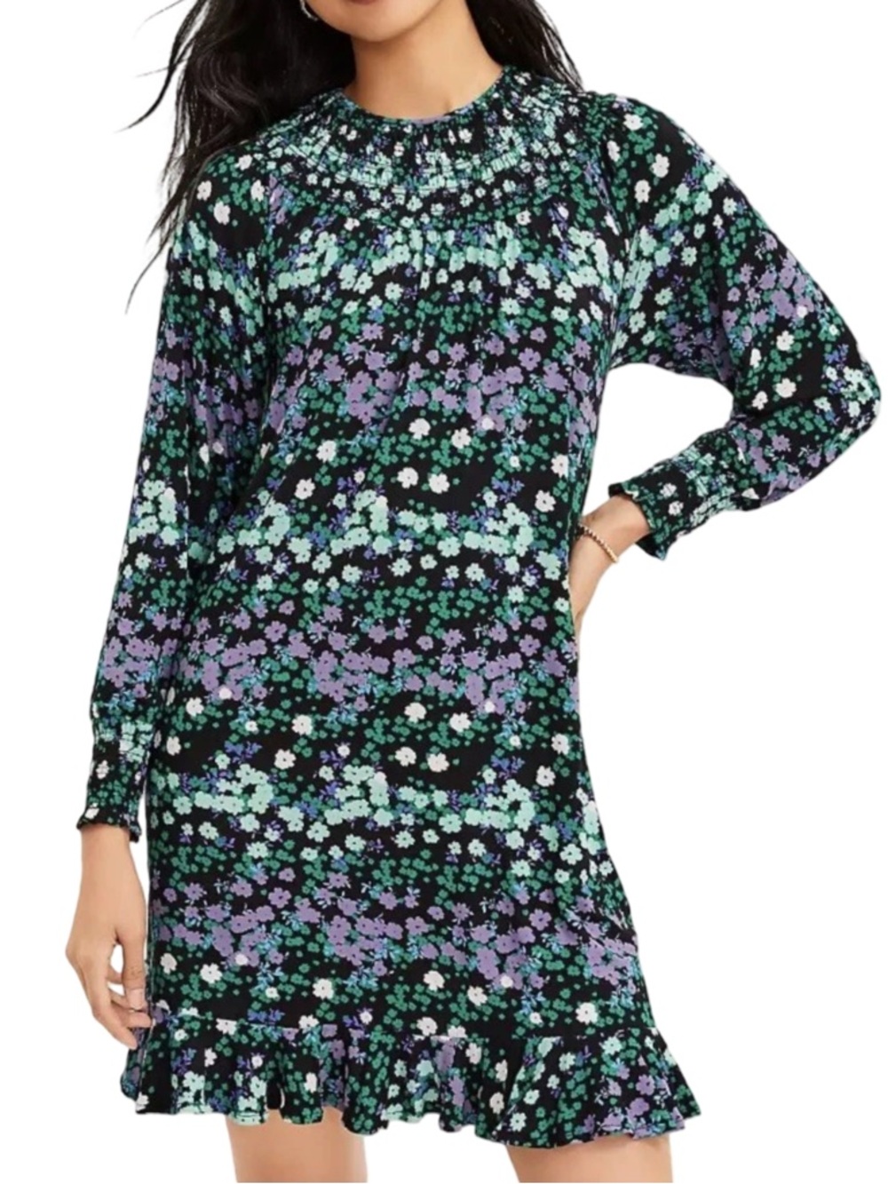 LOFT Floral Smocked Long Sleeve Dress Size Medium Tall Black Green Purple